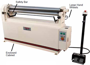 Jet Electric Slip Roll Machine. Foot pedal with forward and reverse pedals. Rolls stop when pedal is released.