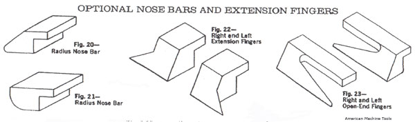 Image of optional Radius Nose Bars, Extension Fingers and Open End Fingers for use with your Hydraulic Power Leaf Brake machine